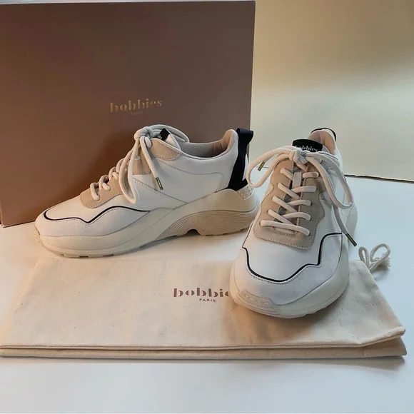 NEW • BOBBIES PARIS Beige and Black Leather Sneakers - Picture 5 of 16